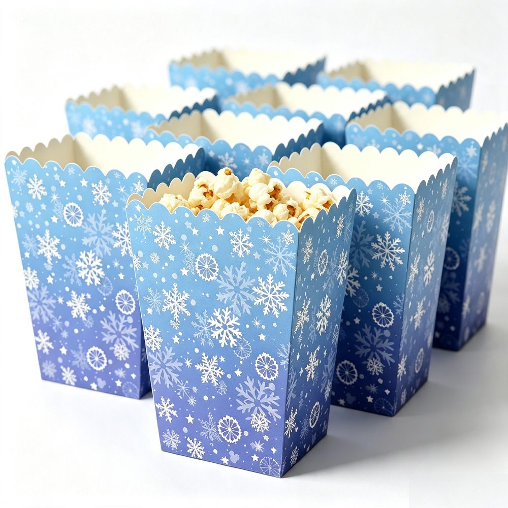 Event Party Box - 10-50 Stück Schneeflocken-Popcorn-Boxen Papier-Snackboxen Süßigkeiten-Keksdosen Winter-Thema