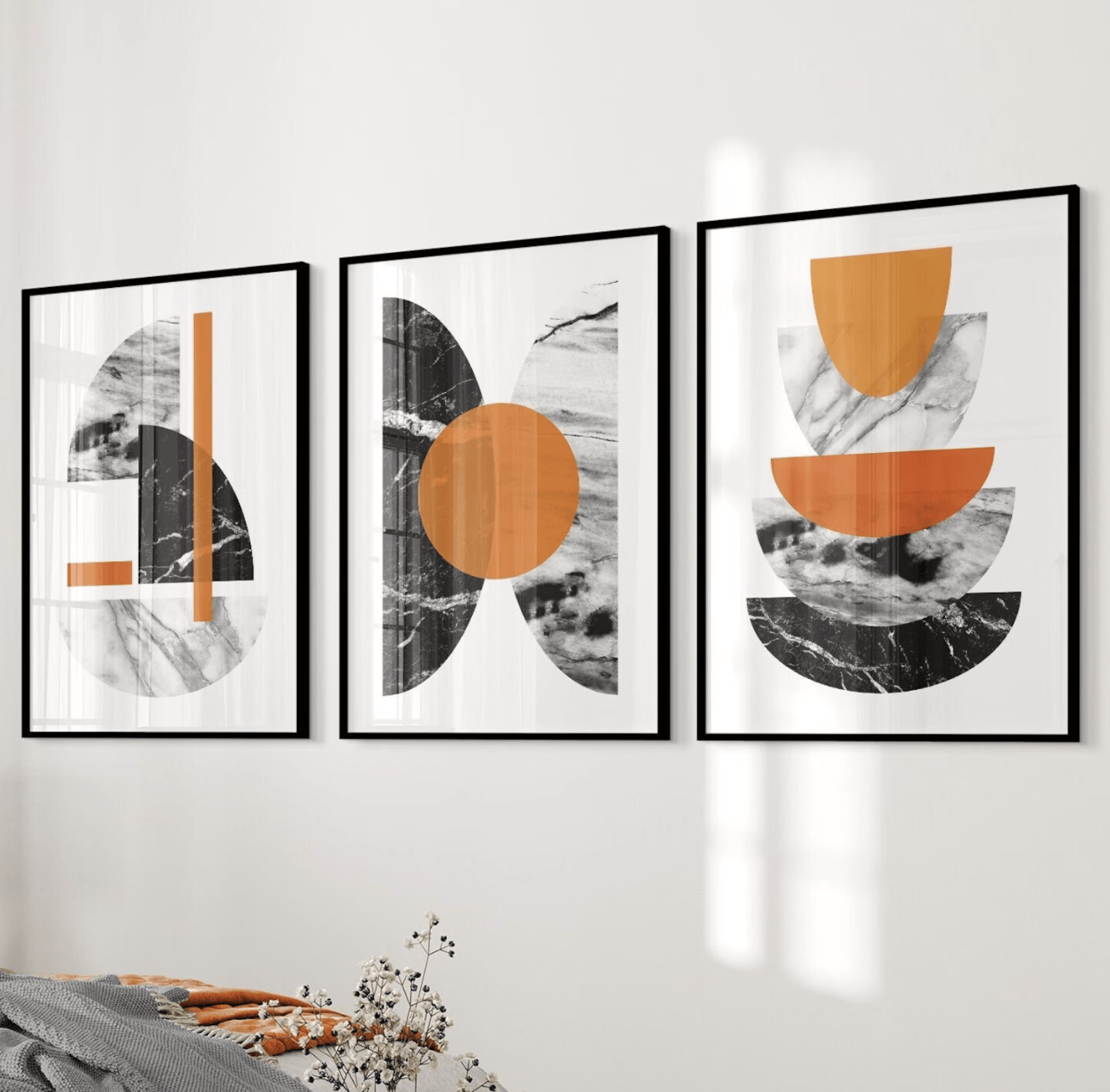 Flower Wall Panel - Boho-geometrische Wandbilder mit 3 Paneelen, Leinwanddrucke,